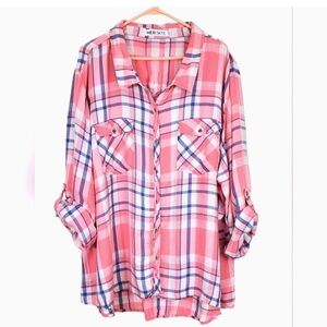Meri Skye Flannel Shirt Pink White Plaid Roll Up Sleeves Plus Size 4x